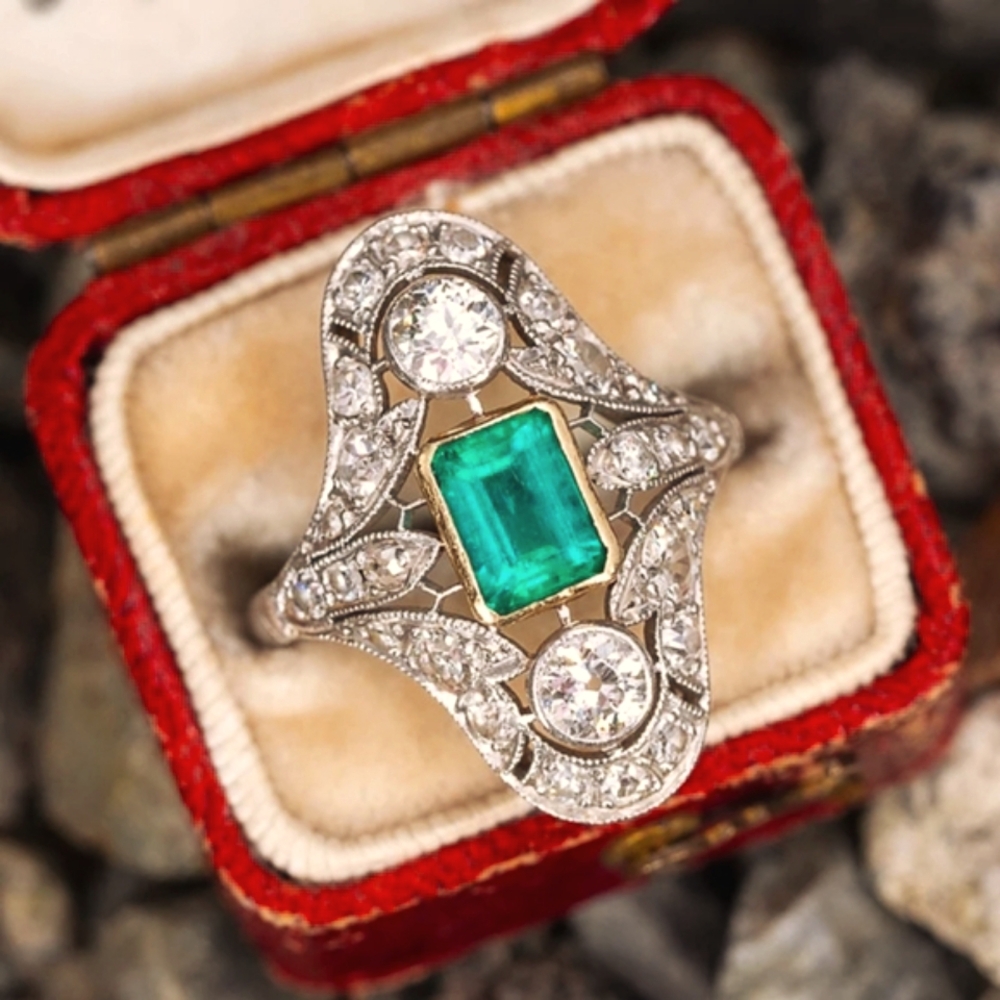 Silver Estate ring Emerald and Diamond CZ size 6 7 8 9